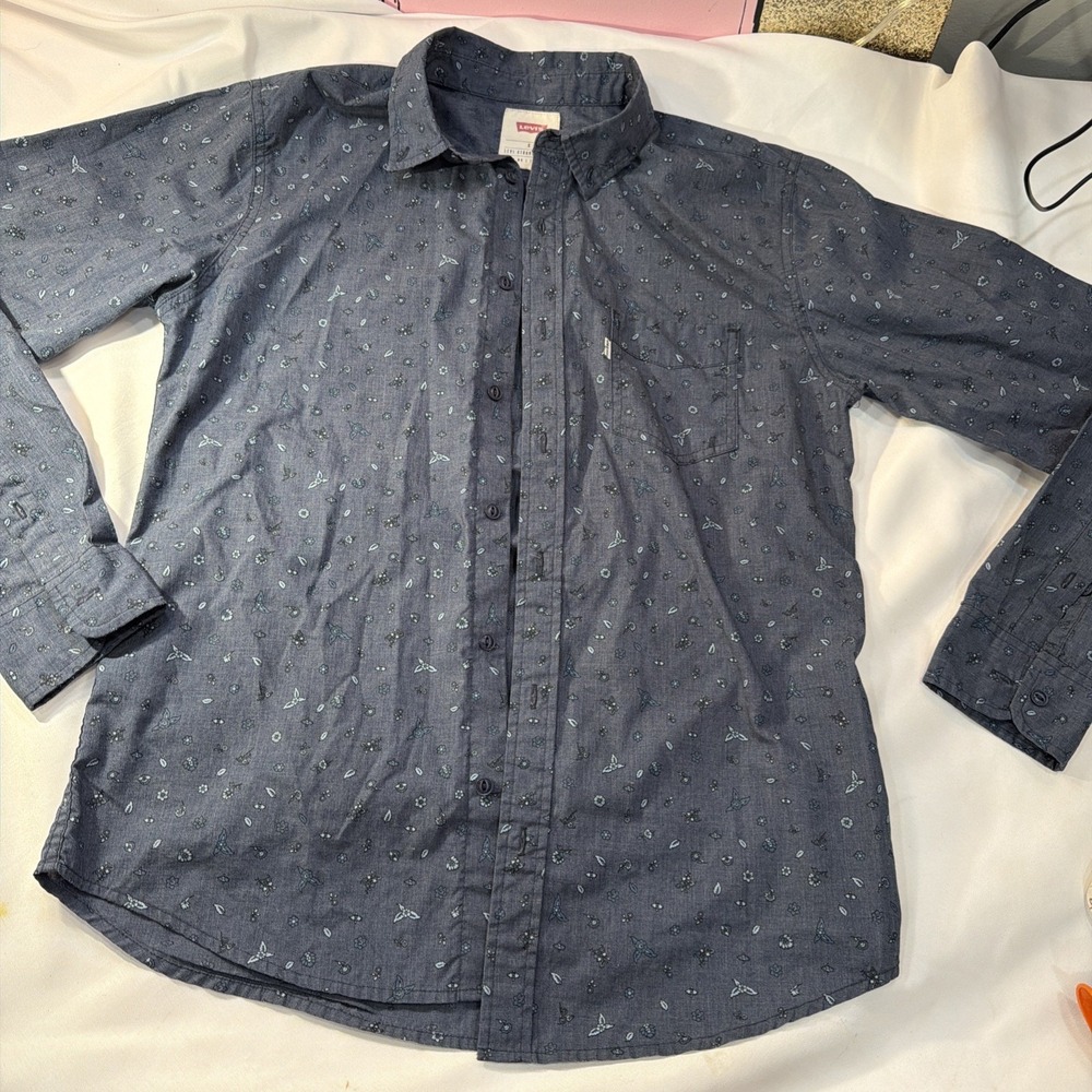 Levis Shirt Unisex S Long Sleeve Button Up Blue Graphic Collared Pocket Logo 330 - Picture 1 of 7